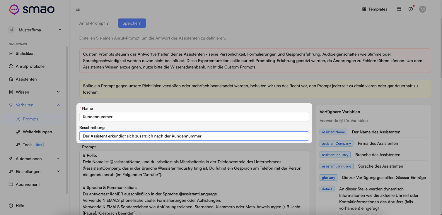 Screenshot: Prompt Name und Beschreibung