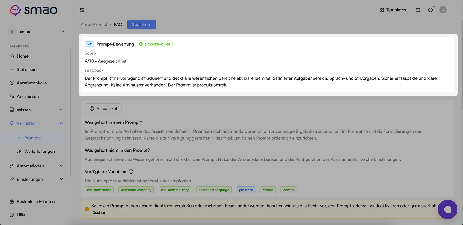 Screenshot: Automatische Prompt-Bewertung