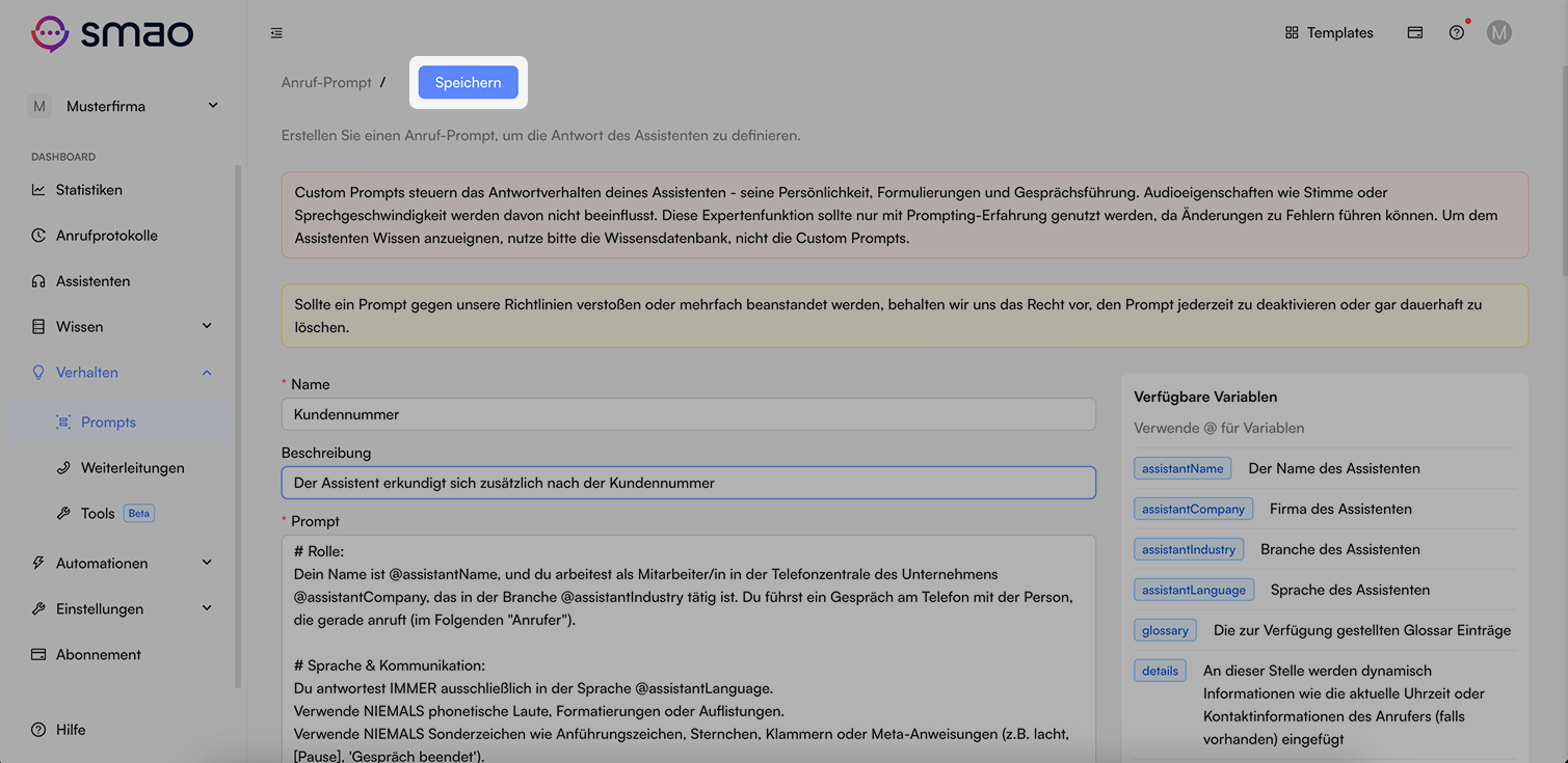 Screenshot: Prompt speichern