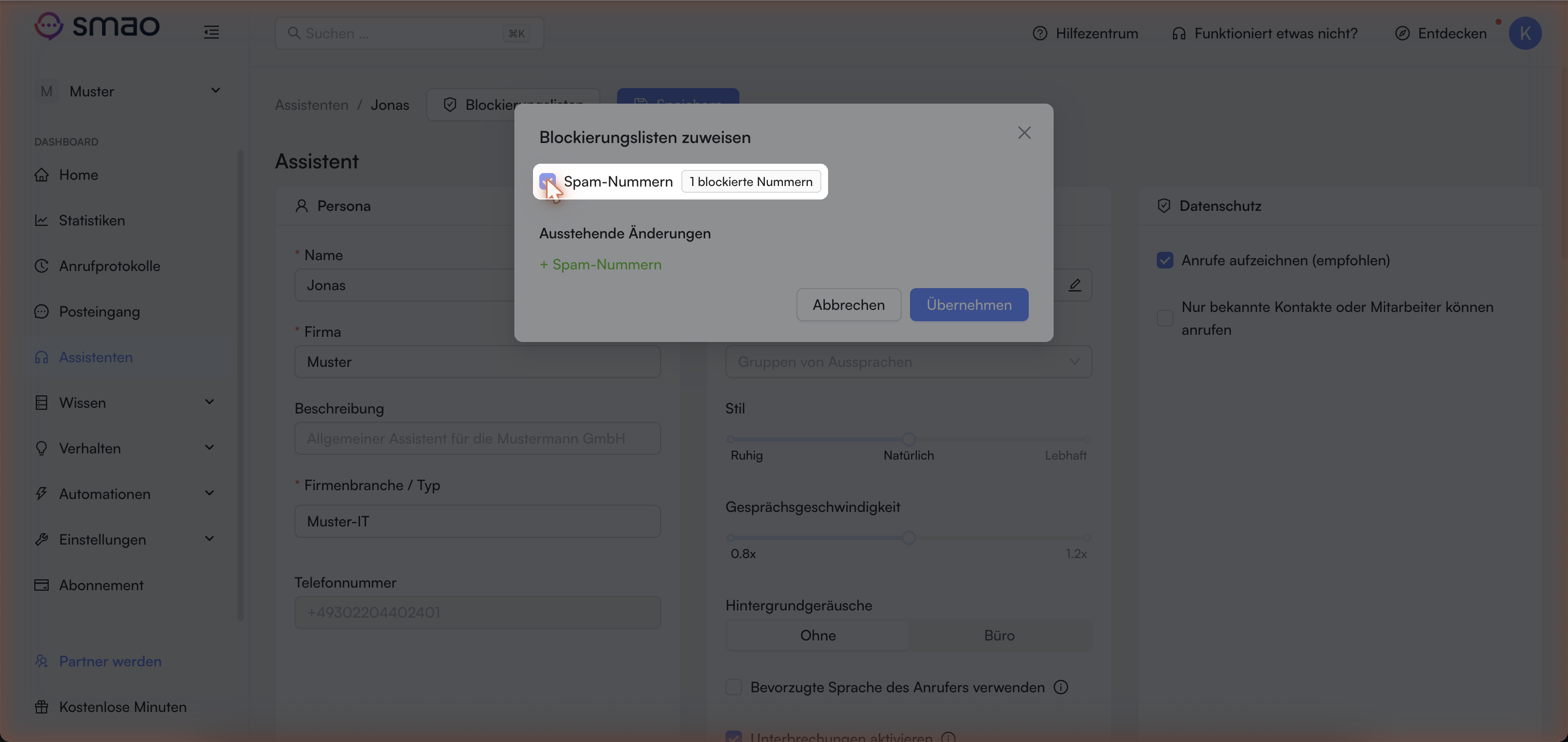 Screenshot: Blockierungsliste im Assistenten zuweisen oder abwählen