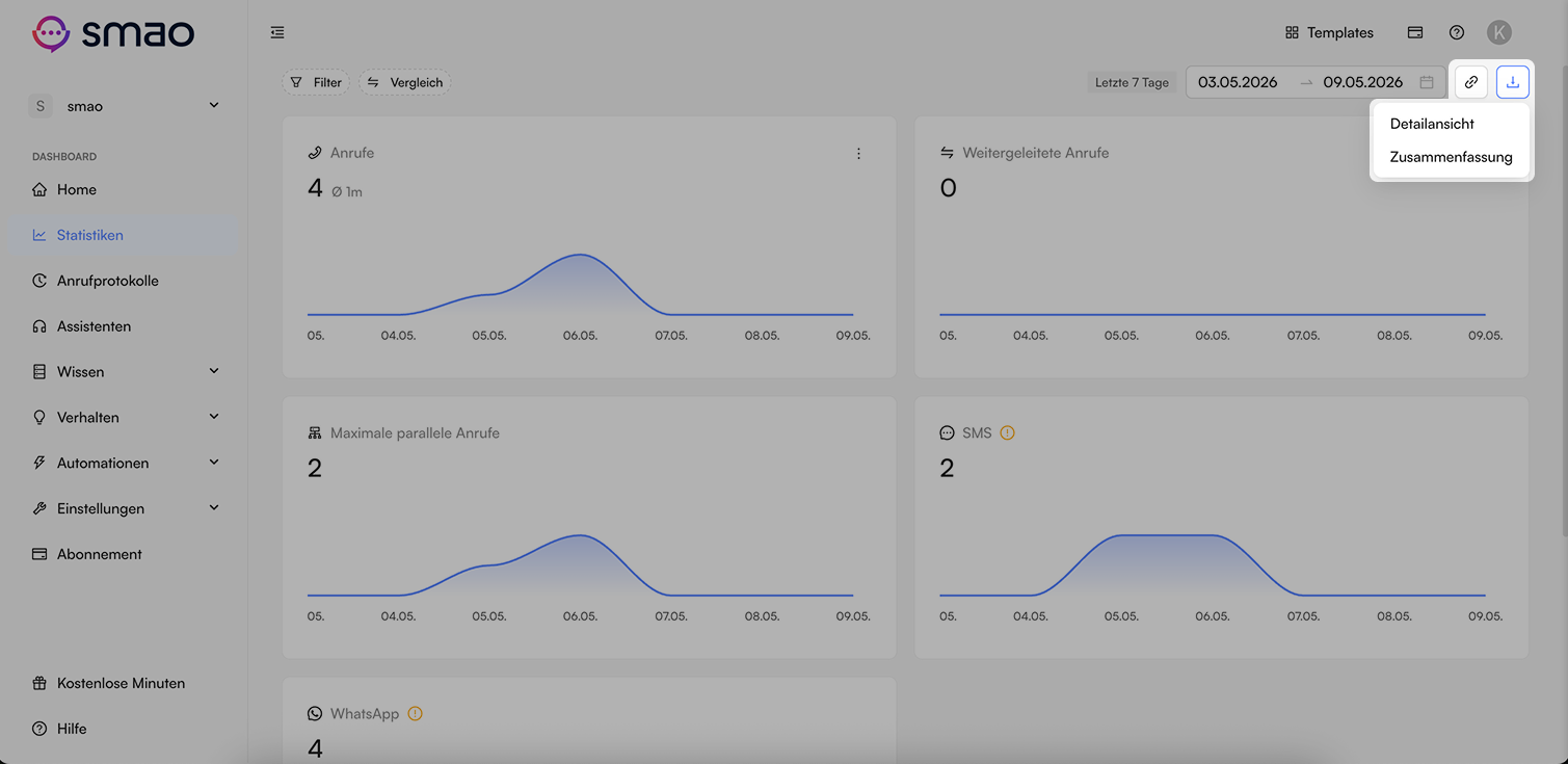 Screenshot: Statistiken exportieren und teilen