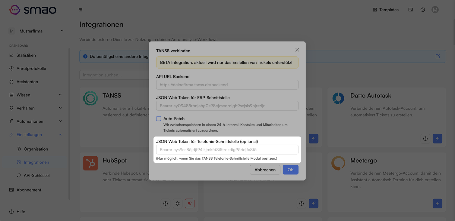 Screenshot: Telefonie-Schnittstelle