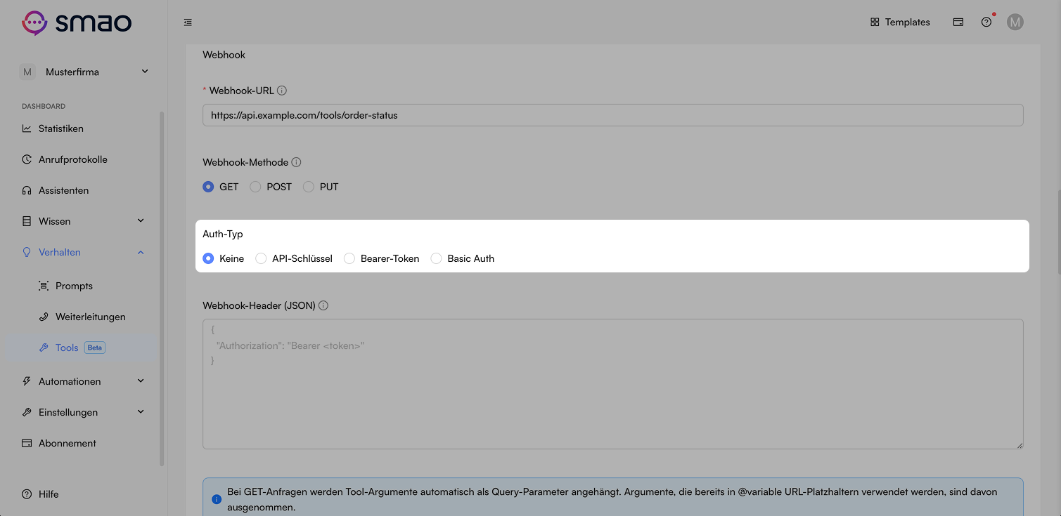 Screenshot: Tool Webhook Auth-Typ