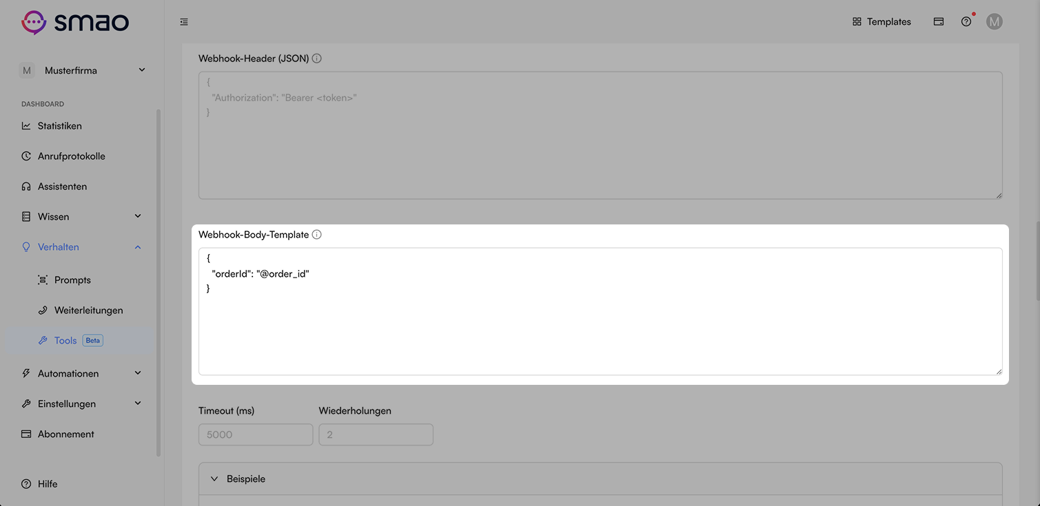 Screenshot: Tool Webhook Body