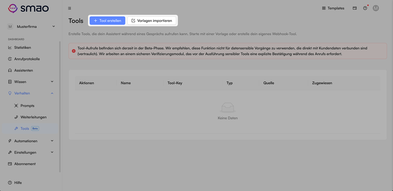 Screenshot: Tool definieren