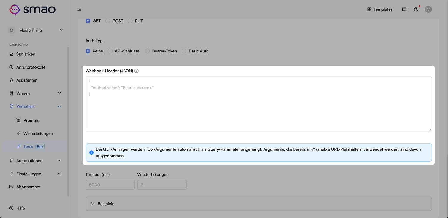 Screenshot: Tool Webhook Header