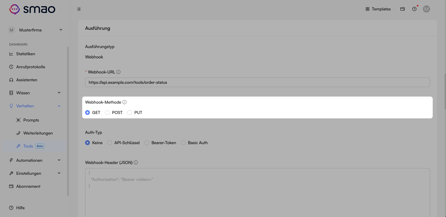 Screenshot: Tool Webhook Method