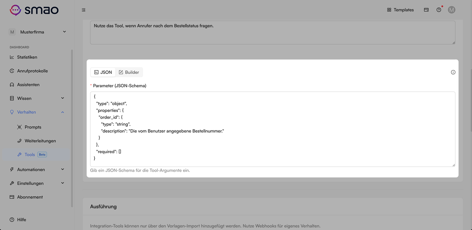 Screenshot: Tool Parameters JSON
