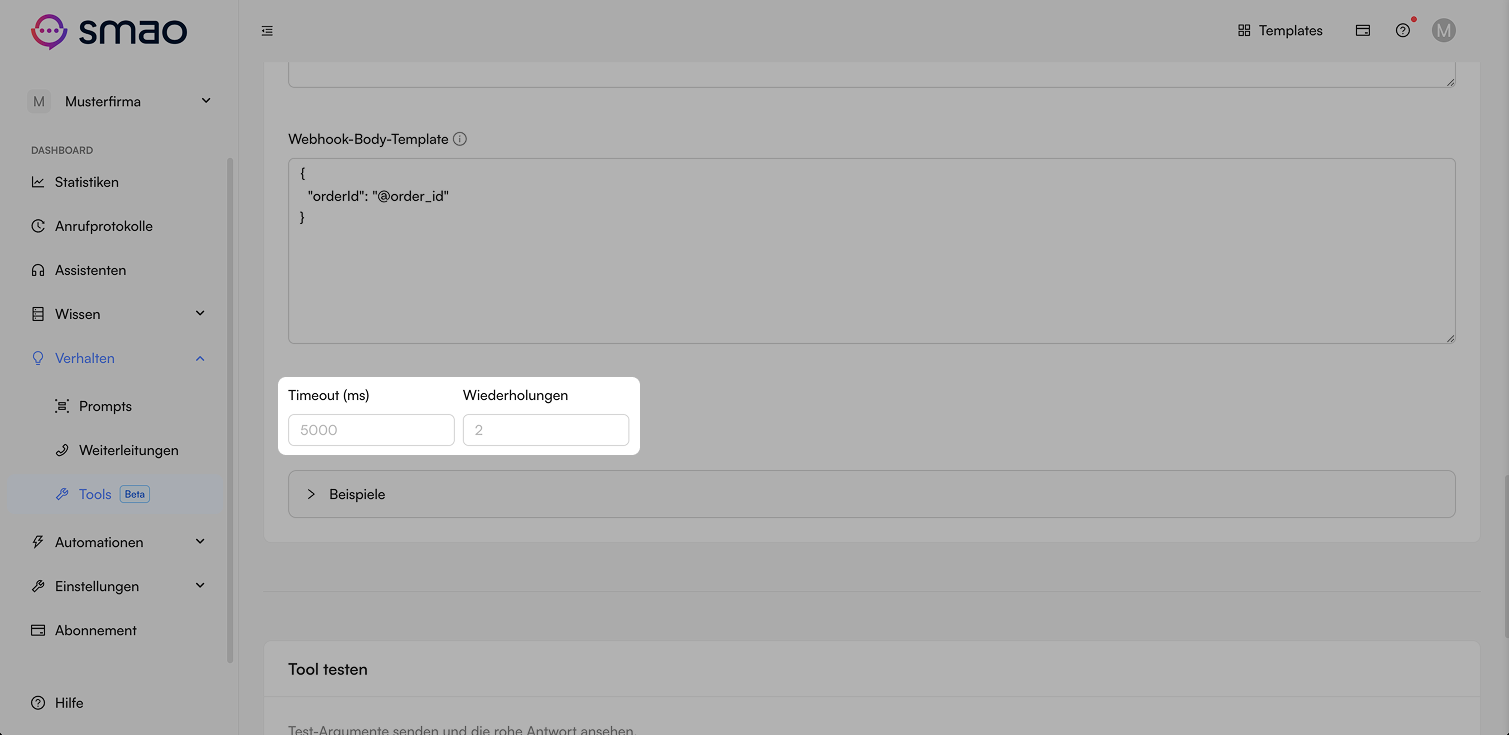 Screenshot: Tool Webhook Timeout