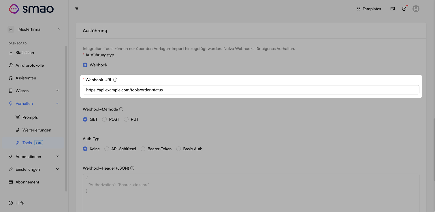 Screenshot: Tool Webhook konfigurieren