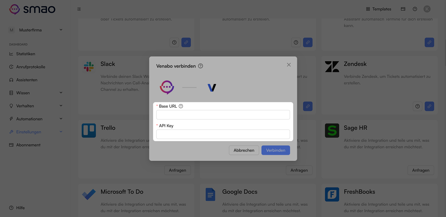 Screenshot: Venabo Basis-URL und API-Schlüssel